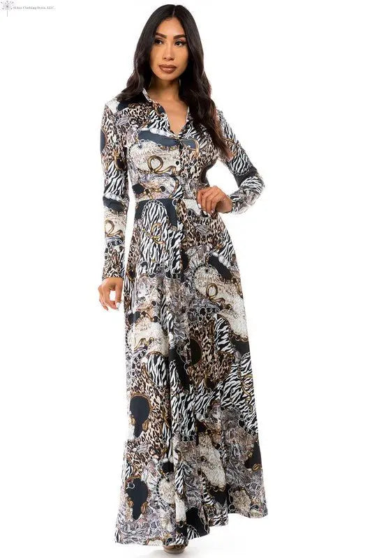 Long Sleeve Maxi Dress Animal Print | Long Sleeve Flowy Maxi Dress | SiAra
