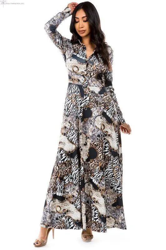 Long Sleeve Maxi Dress Animal Print Front | Long Sleeve Flowy Maxi Dress | SiAra