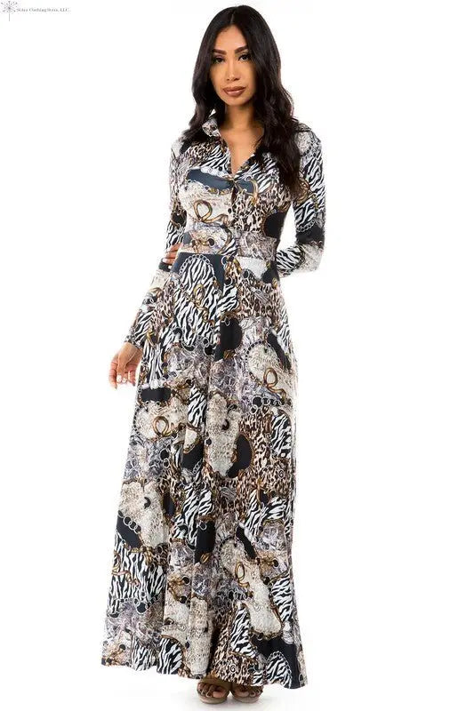 Long Sleeve Maxi Dress Animal Print Sided | Long Sleeve Flowy Maxi Dress | SiAra