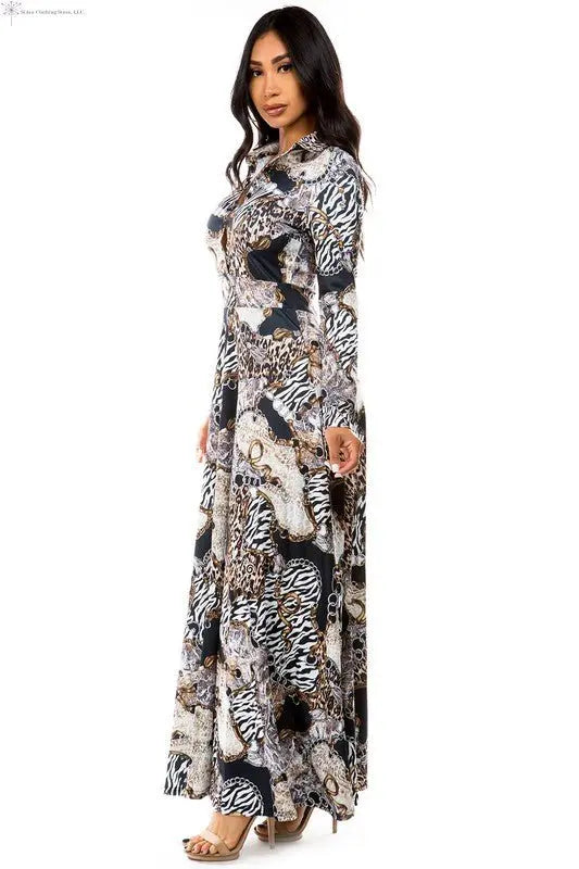 Long Sleeve Maxi Dress Animal Print Side | Long Sleeve Flowy Maxi Dress | SiAra