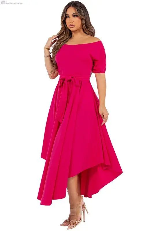 Flowy Maxi Dress Asymmetrical Hem Rose Red | Off the Shoulder Maxi dress formal | SiAra
