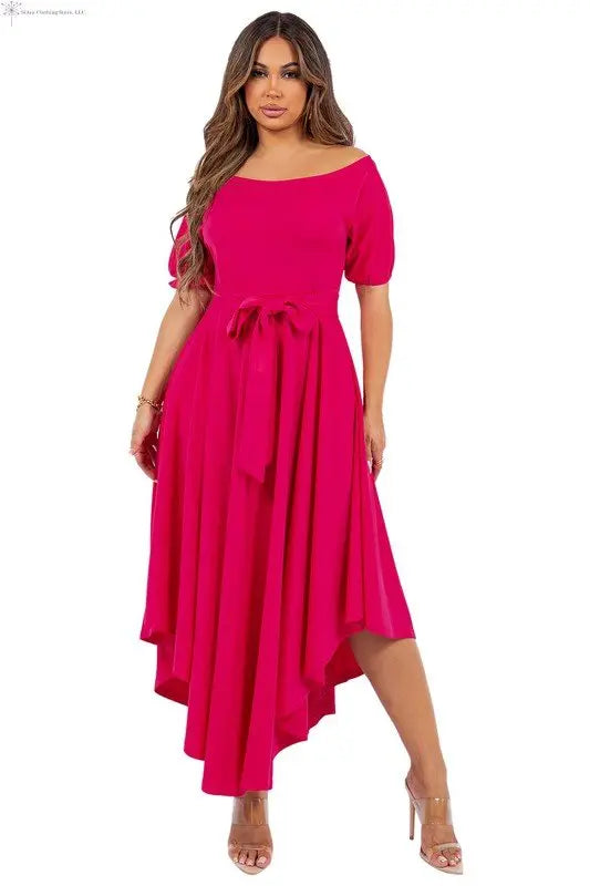 Flowy Maxi Dress Asymmetrical Hem Rose Red | Off the Shoulder Maxi Front | dress formal | SiAra