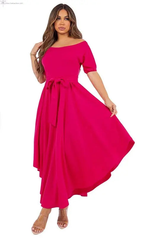 Flowy Maxi Dress Asymmetrical Hem Rose Red | Off the Shoulder Maxi Sided | dress formal | SiAra