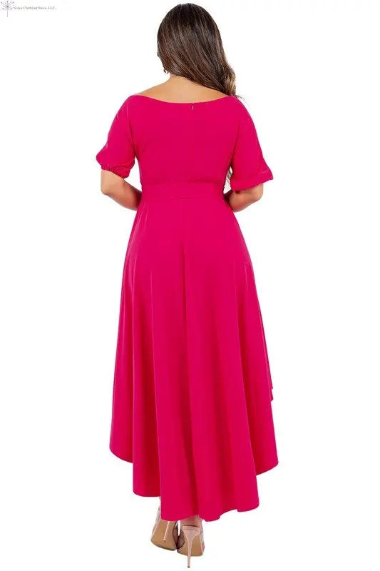 Flowy Maxi Dress Asymmetrical Hem Rose Red | Off the Shoulder Maxi dress formal Back | SiAra