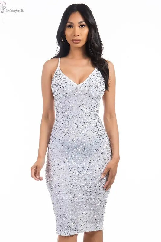 White Sequin Midi Dress Front | Glitter Midi Dress | SiAra