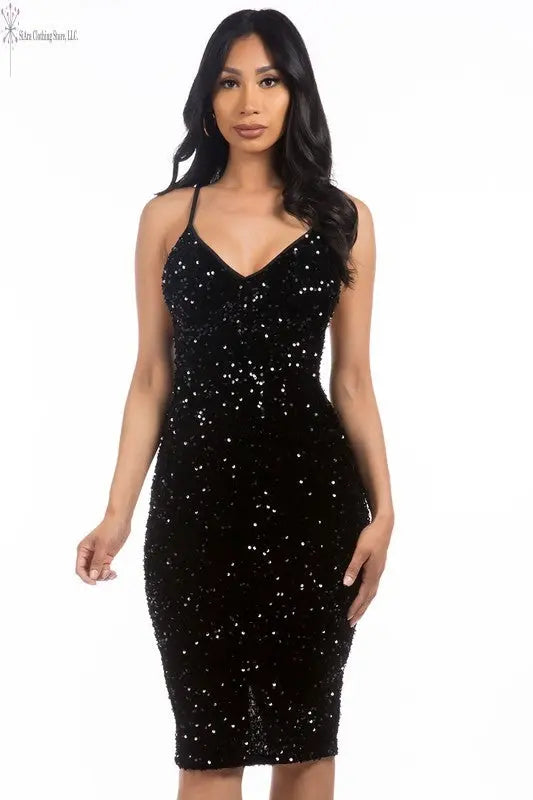 Black Sequin Midi Dress Front | Black Sparkly Dress | SiAra