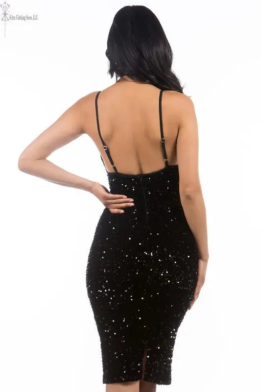 Black Sequin Midi Dress Back | Black Sparkly Dress | SiAra