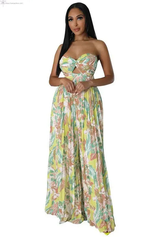 Wide Leg Pleated Jumpsuit Multicolored Green Front | Women's Peated Jumpsuit | SiAra