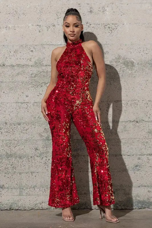Red Sequin Jumpsuit Stretchy Bell-bottom | SiAra Clothing Store, LLC