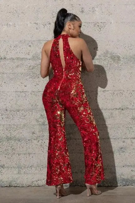 Red Sequin Jumpsuit Stretchy Bell-bottom Back | SiAra Clothing Store, LLC