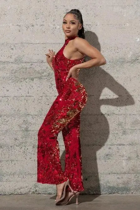 Red Sequin Jumpsuit Stretchy Bell-bottom Side | SiAra Clothing Store, LLC
