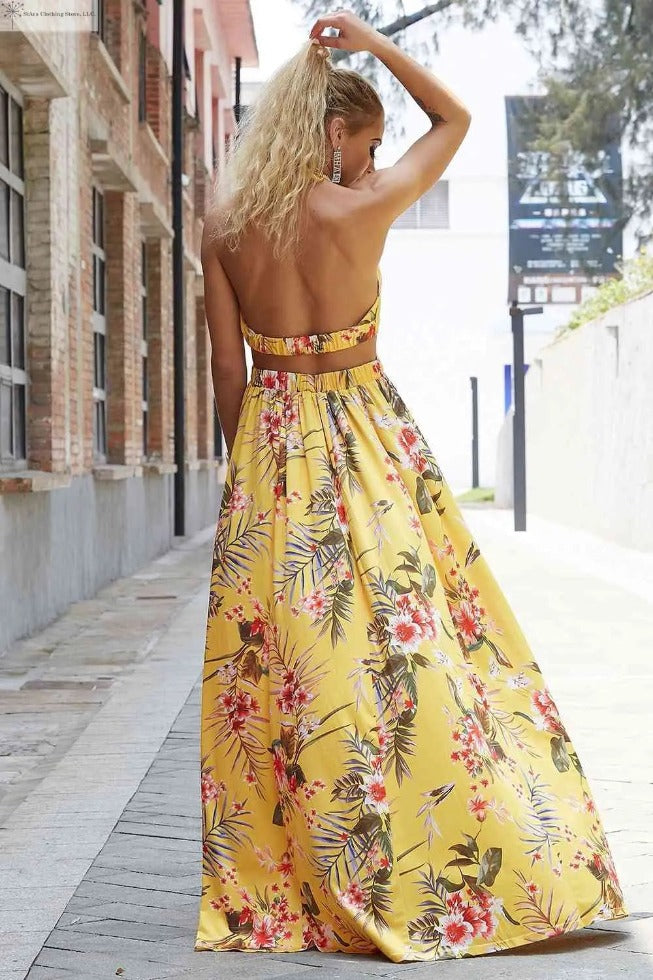 Side Slit Maxi Dress Floral Back | Floral halter maxi dress | SiAra