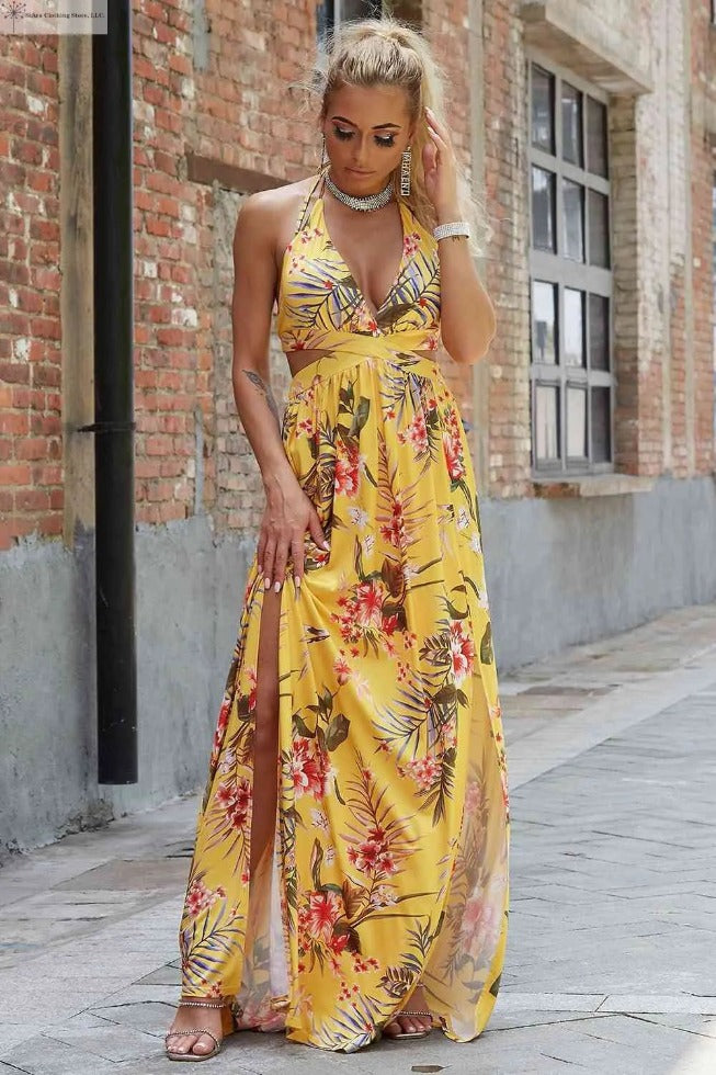 Side Slit Maxi Dress Floral Front | Floral halter maxi dress | SiAra