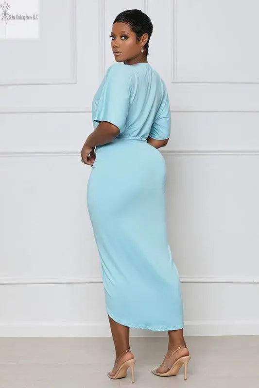 Sky Blue Midi Dress With Sleeves Back | Curve Midi Dress | SiAra