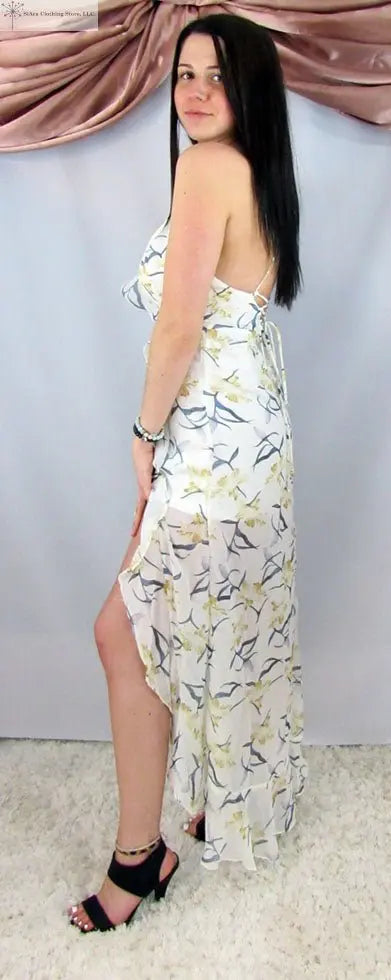 Midi Dress Ivory Floral Asymmetrical Side | SiAra Clothing Store, LLC