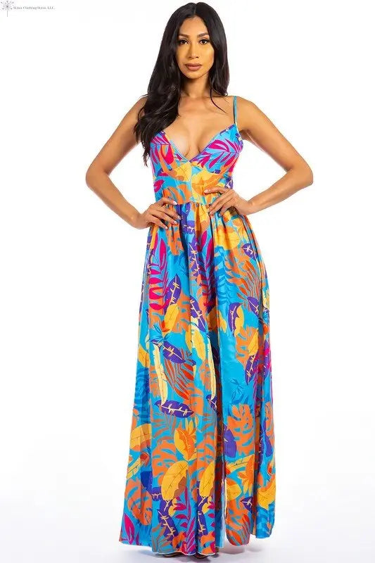Sleeveless Maxi Dress Multicolor | Sleeveless V-neck Maxi Dress | SiAra