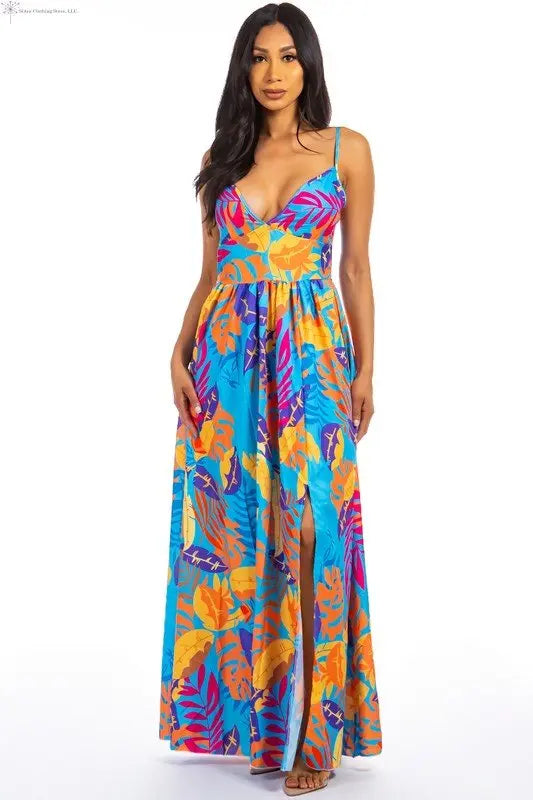Sleeveless Maxi Dress Multicolor Front | Sleeveless V-neck Maxi Dress | SiAra