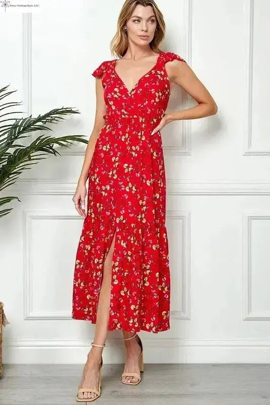 Sleeveless Midi Dress Ditsy Print Front Slit Red | SiAra