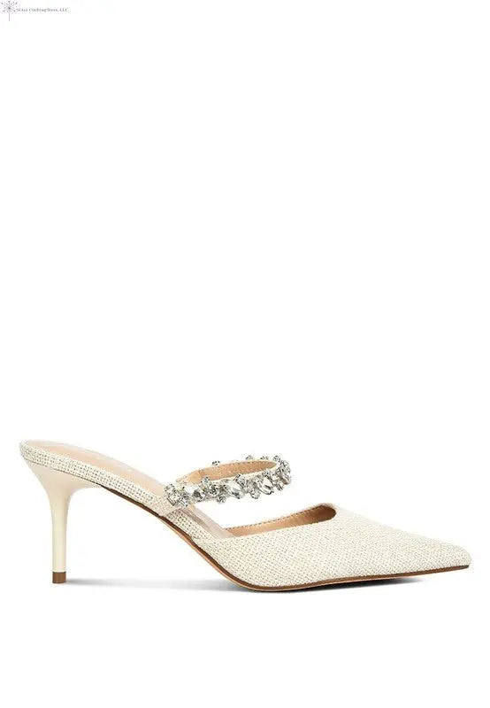 Slip On Sandals Pointed Toe Diamond Embellished White Side | SiAra Clothing Store, LLC