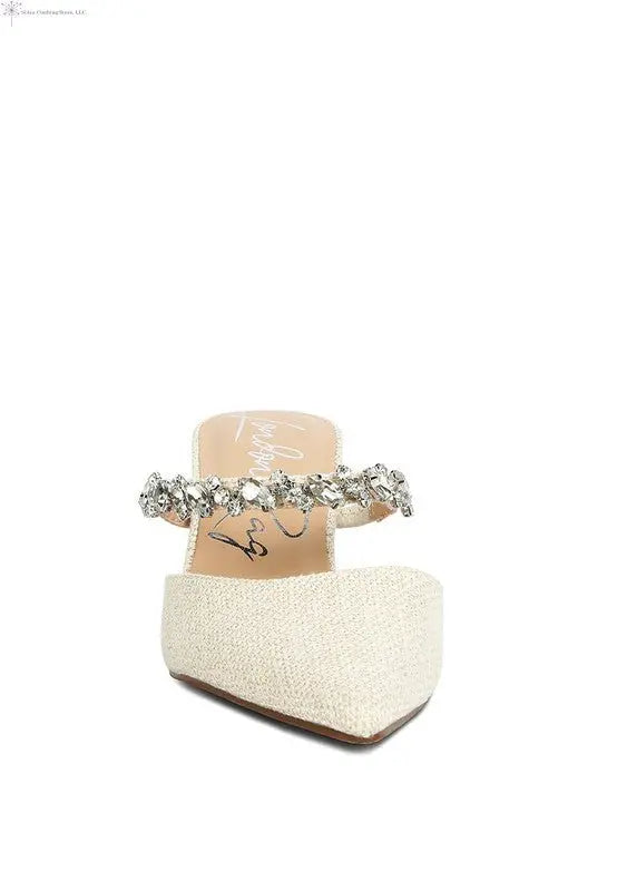 Slip On Sandals Pointed Toe Diamond Embellished White Front | SiAra Clothing Store, LLC
