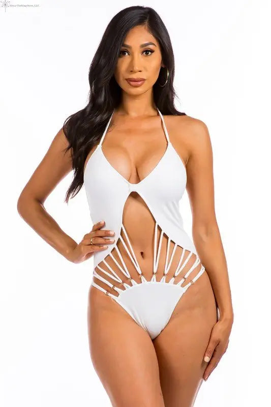 One Piece Swimsuit Solid String Hollow Out White Front | Swimsuits for Women | SiAra