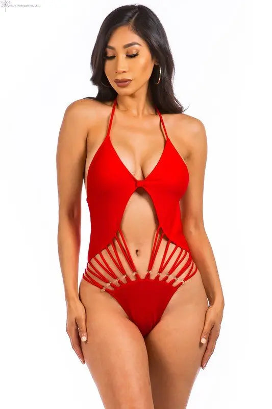 One Piece Swimsuit Solid String Hollow Out Red Front | Swimsuits for Women | SiAra