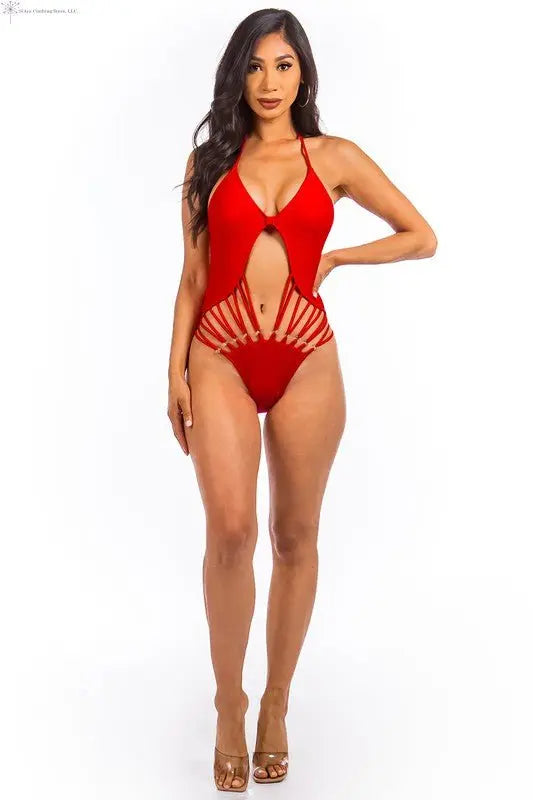 One Piece Swimsuit Solid String Hollow Out Red Whole Manequin | Swimsuits for Women | SiAra