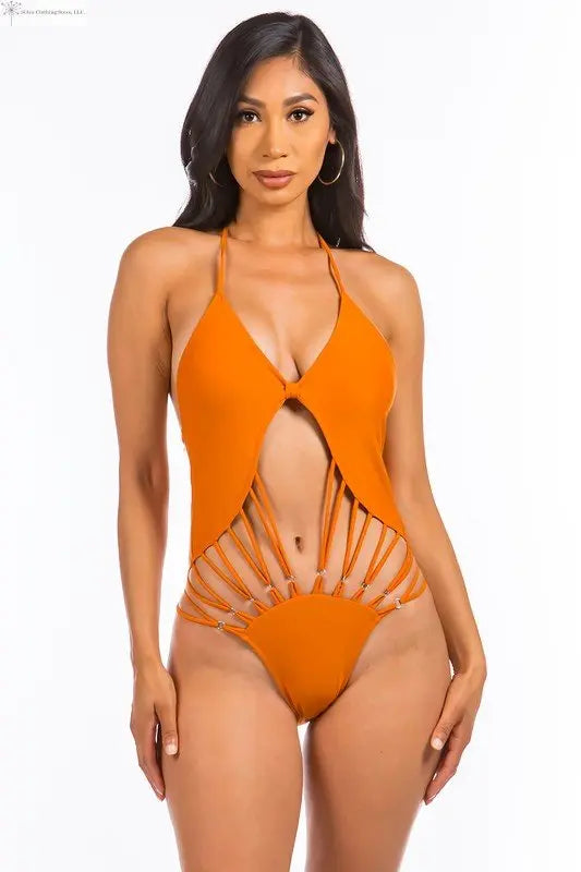 One Piece Swimsuit Solid String Hollow Out Orange Front | Swimsuits for Women | SiAra