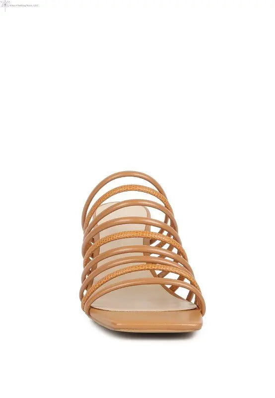 Strappy Sandals Block Heel Off Tan Front | SiAra Clothing Store, LLC