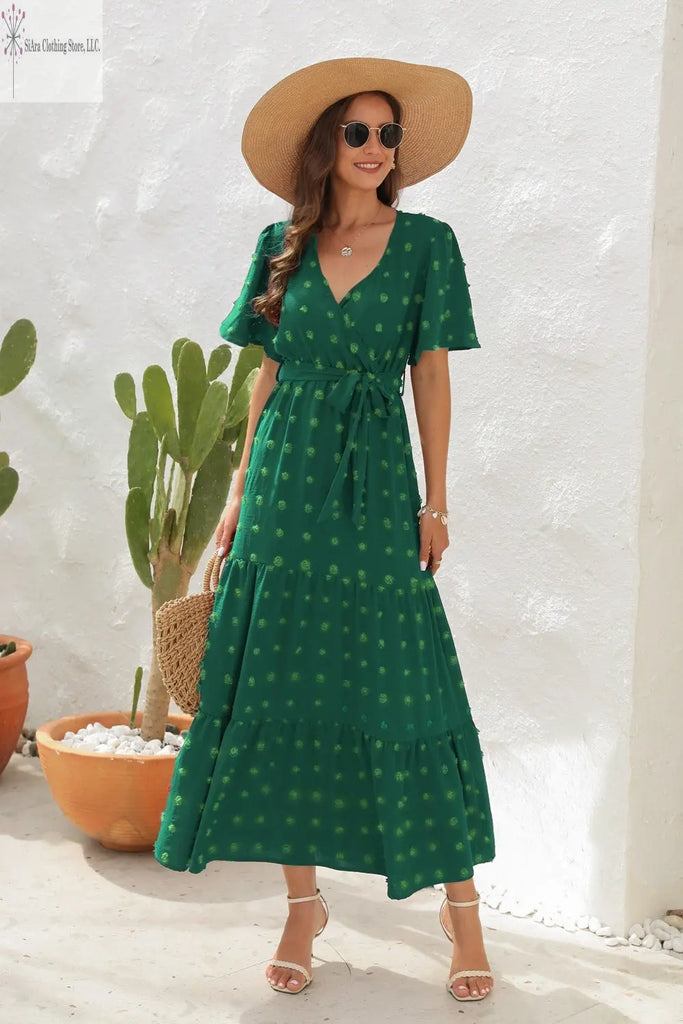 Emerald Green Maxi Dress Short Sleeves | Short Sleeve Summer Dresses Casual | SiAra