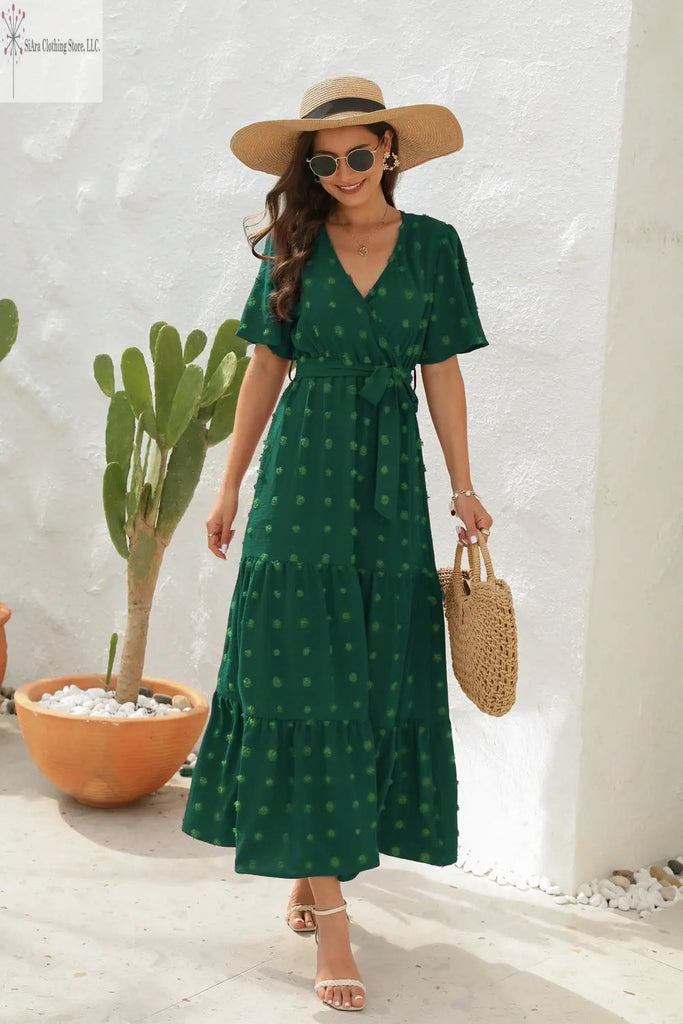 Emerald Green Maxi Dress Short Sleeves Sided | Short Sleeve Summer Dresses Casual | SiAra