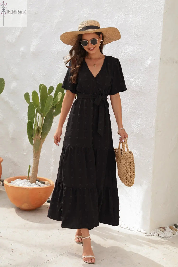 Black Maxi Dress Short Sleeves Sided | Short Sleeve Summer Dresses Casual | SiAra