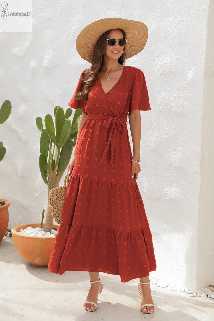 Brick Red Maxi Dress Short Sleeves | Short Sleeve Summer Dresses Casual | SiAra