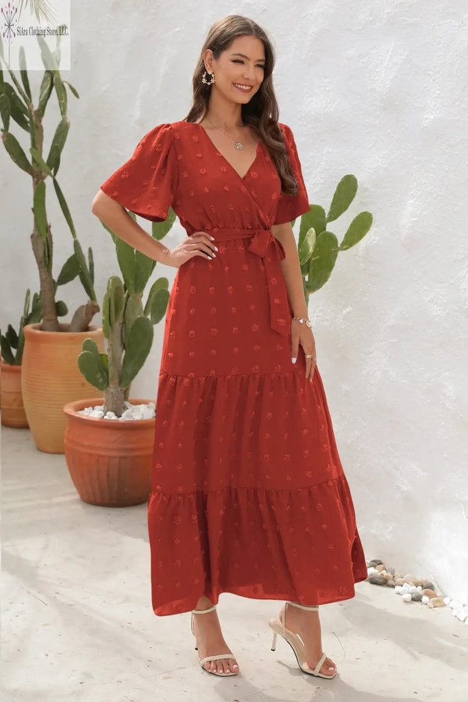 Brick Red Maxi Dress Short Sleeves Sided | Short Sleeve Summer Dresses Casual | SiAra