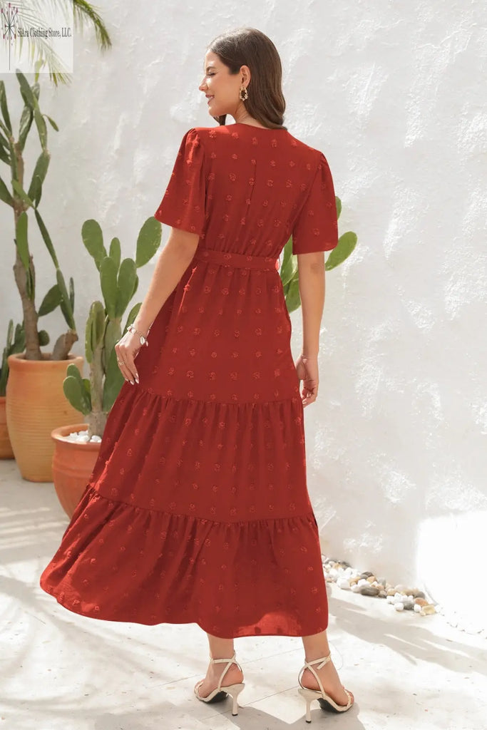 Brick Red Maxi Dress Short Sleeves Back | Short Sleeve Summer Dresses Casual | SiAra