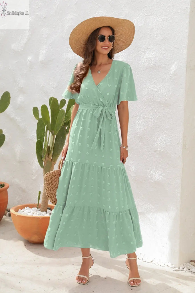 Light Green Maxi Dress Short Sleeves | Short Sleeve Summer Dresses Casual | SiAra