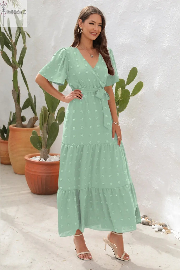 Light Green Maxi Dress Short Sleeves Sided | Short Sleeve Summer Dresses Casual | SiAra