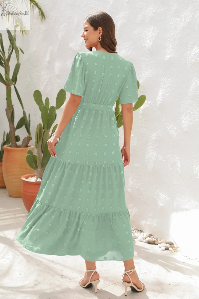 Light Green Maxi Dress Short Sleeves Back | Short Sleeve Summer Dresses Casual | SiAra