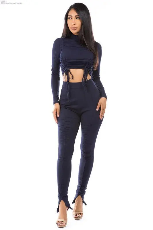 Crop Top High Waisted Pants Set Navy Front | Two Piece Top and Pants | SiAra