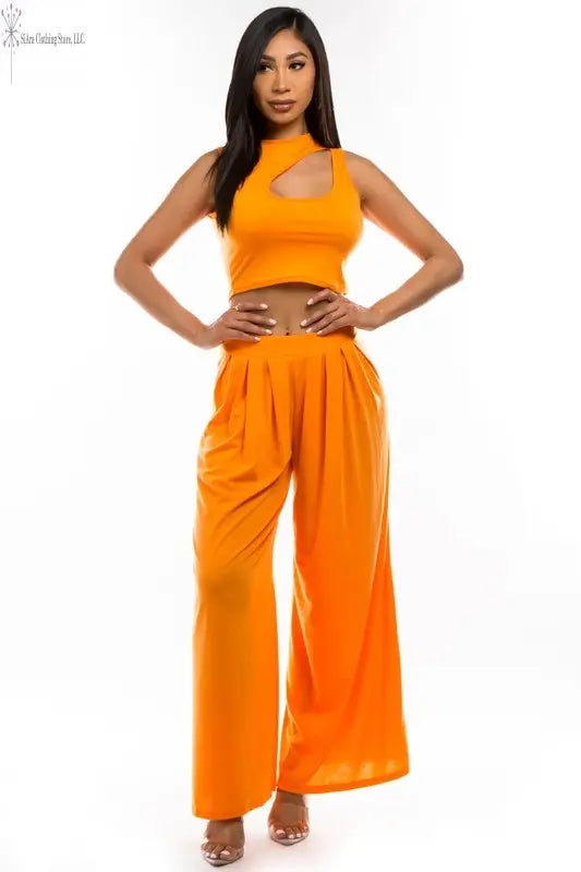 Orange Two Piece Casual Pants Set | Two Piece Pants Set Summer Front | SiAra