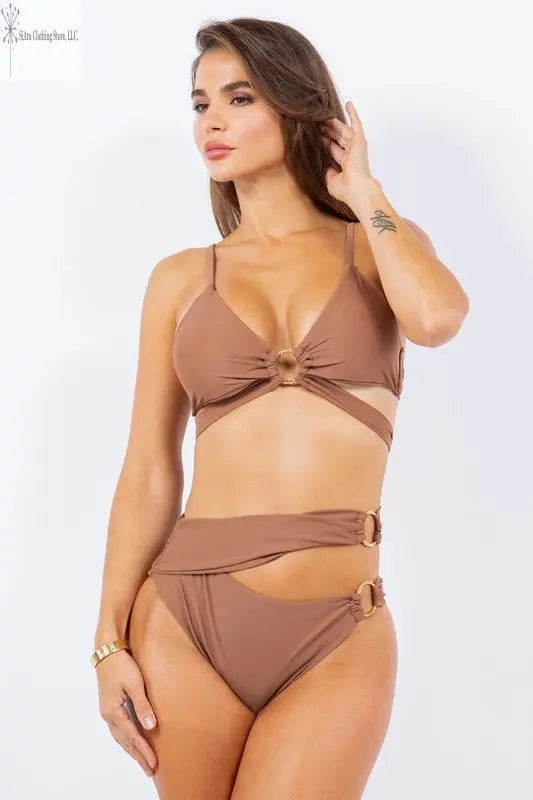 Two Piece Bathing Suit Coffee | High Waist Two Piece Swimsuit Front | SiAra