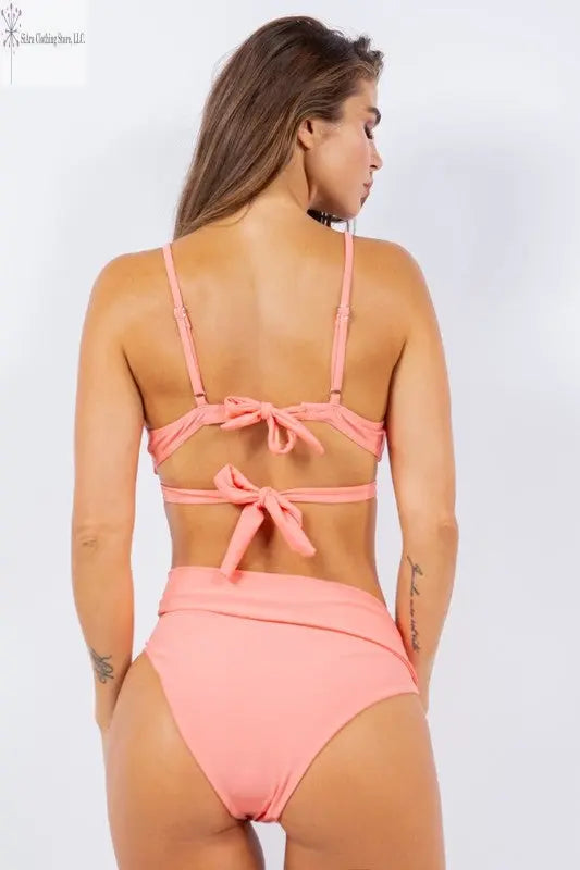 Two Piece Bathing Suit Coral | High Waist Two Piece Swimsuit Back | SiAra