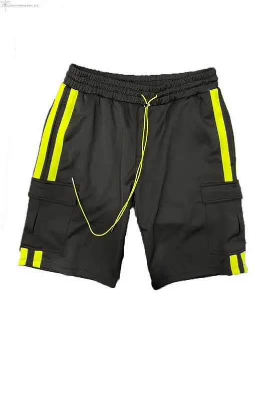 Workout Cargo Shorts Elastic Waist Black Lime | SiAra