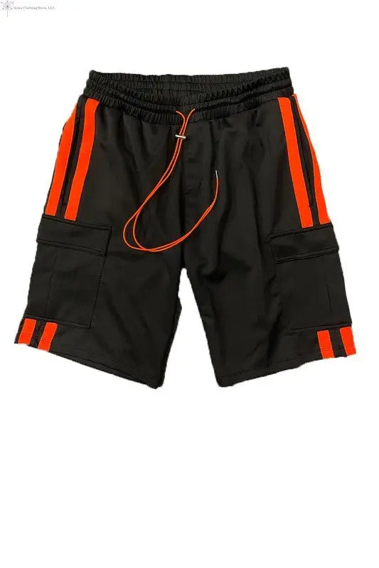 Workout Cargo Shorts Elastic Waist Black Orange| SiAra