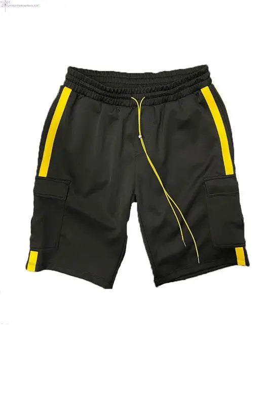 Workout Cargo Shorts Elastic Waist Black Yellow | SiAra