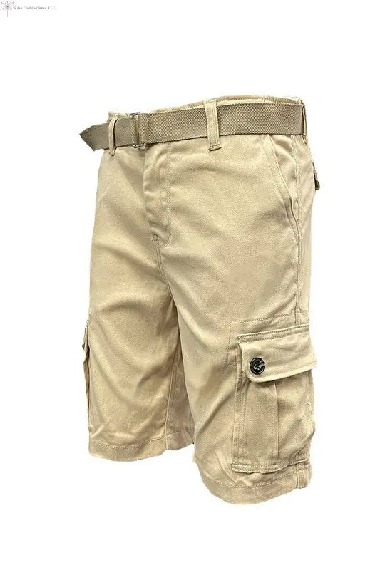 Men's Belted Cargo Shorts Khaki Sided | SiAra Clothing Store, LLC