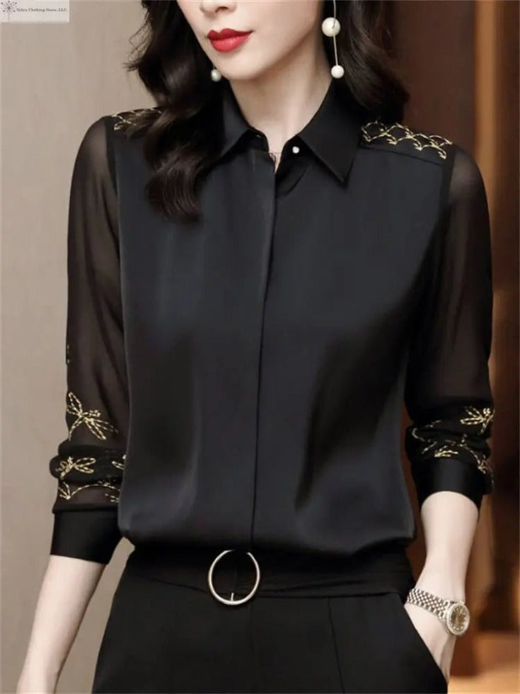 Women's Long Sleeve Shirt Embroidered Black | SiAra