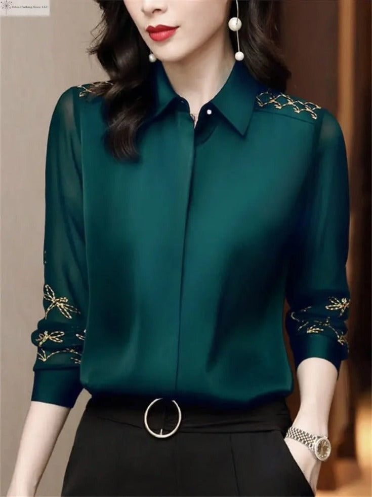 Women's Long Sleeve Shirt Embroidered Green | SiAra