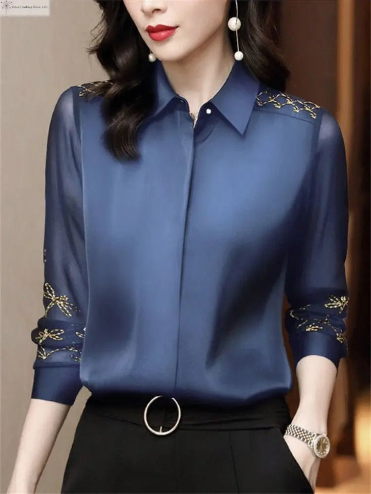 Women's Long Sleeve Shirt Embroidered Blue | SiAra