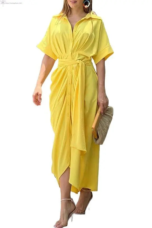 Women's Short Sleeve Maxi Dress Waist Tie Yellow | Short Sleeve Maxi Dress fro Wedding Guest | SiAra